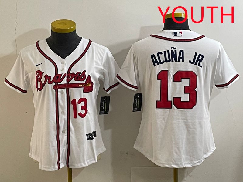 Youth Atlanta Braves #13 Acuna jr White Game 2025 Nike MLB Jersey style 1